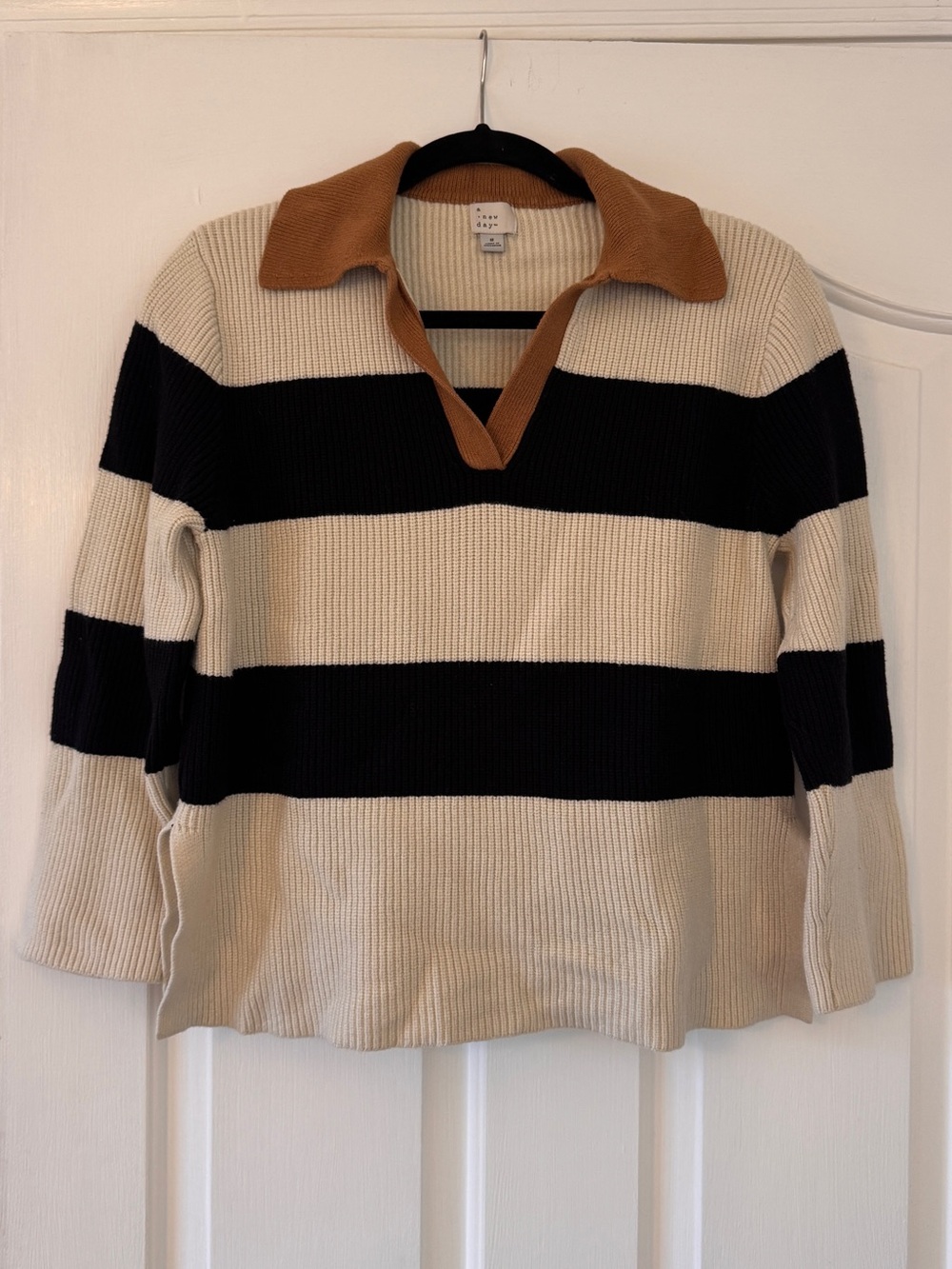 a new day Cream & Black Striped V‑Neck Sweater with Tan Collar